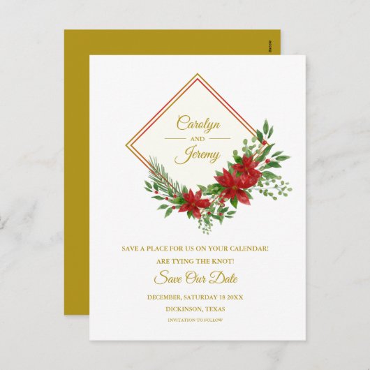 ダイヤモンド&ポインセティアスインスパイアクス結婚クリスマス シーズンポストカード (正面/裏面)