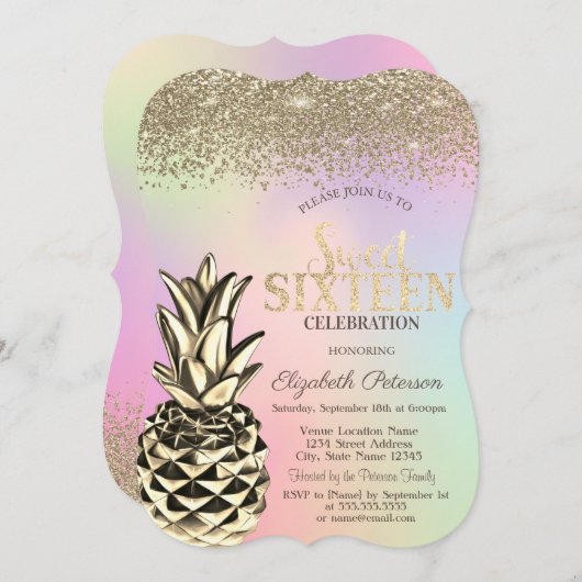 ダイヤモンド、メタリックパイナップルホログラフィックスウィート16 招待状 (正面/裏面)