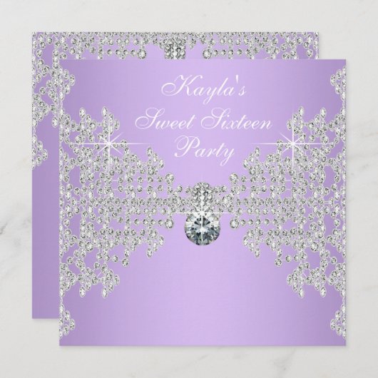 ダイヤモンド ラベンダー パープル スウィート16 バースデーパーティー 招待状 (正面/裏面)