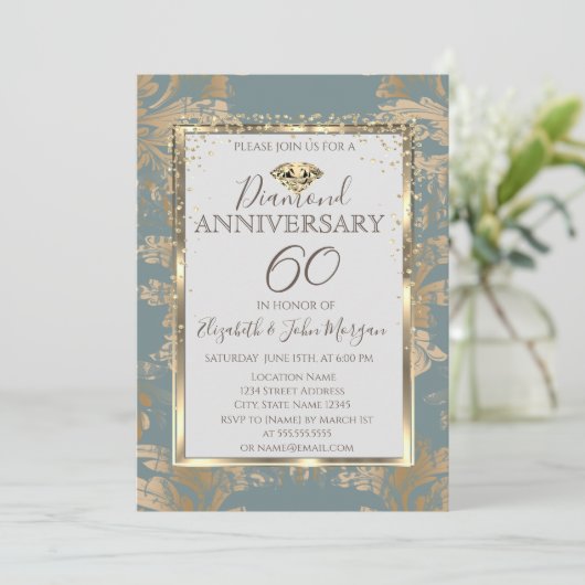 ダイヤモンド ヴィンテージ ダマスク ウェディング アニバーサリー 招待状 (スタンド正面)
