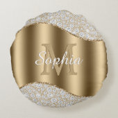 ダイヤモンド, 大きなゴールドのイニシャル, 白いスクリプト名 ラウンドクッション (裏面)