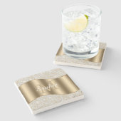 ダイヤモンド、大金ゴールドモノグラム、白スクリプト名 ストーンコースター (横)