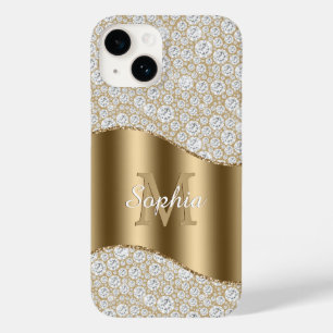 ダイヤモンド、大金ゴールドモノグラム、白スクリプト名 Case-Mate iPhone 14ケース