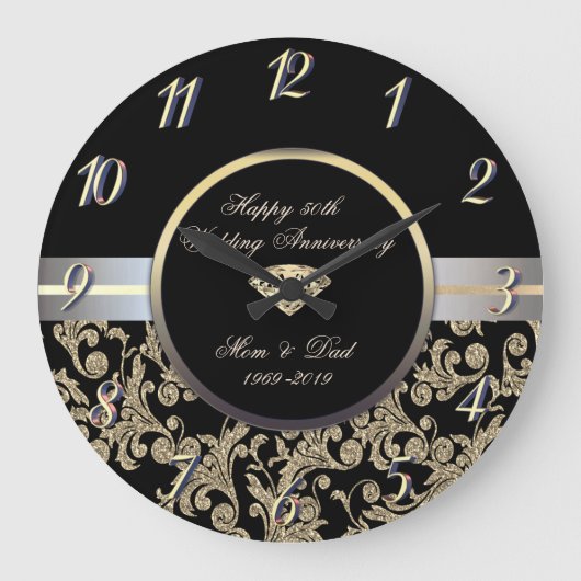 ダイヤモンド·金ゴールドが50周年結婚を迎える ラージ壁時計 (正面)