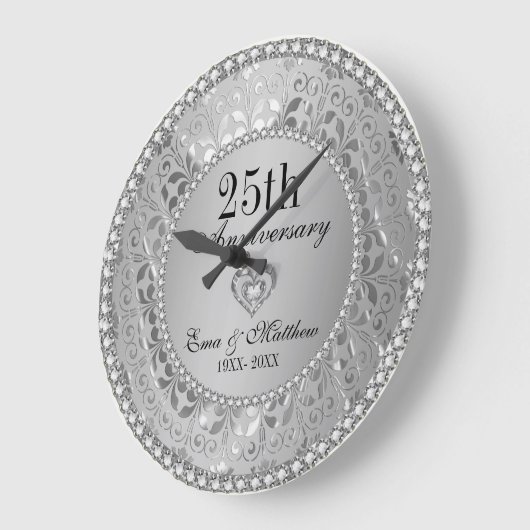 ダイヤモンド&銀25結婚周年記念 ラージ壁時計 (傾斜)