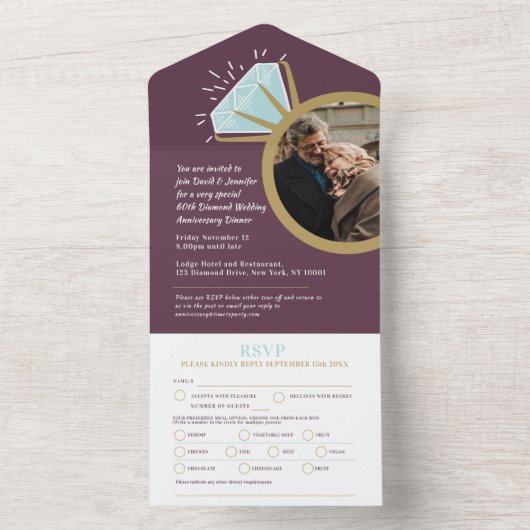 ダイヤモン結婚ドの60周年記念の出欠届け写真 オールインワン招待状 (内側)