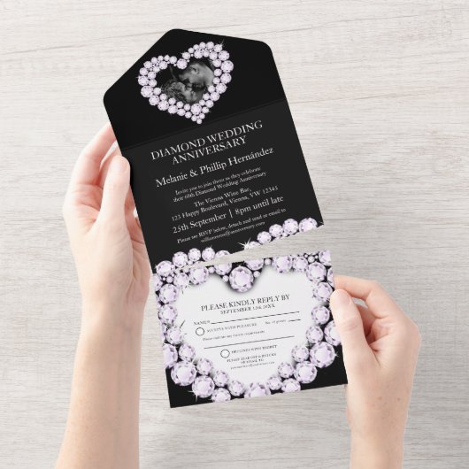 ダイヤモン結婚ドの60周年記念写真ブラック オールインワン招待状 (貼ってはがせる)
