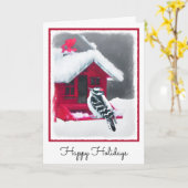 ダウニーウッドペッカーの絵 - オリジナルの鳥の芸術 カード (黄色い花)