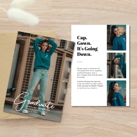 「ダウンだ」フォトコラージュモダン卒業式 案内状