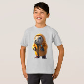 ダウンコートを着て魚を食べるかわいいセイウチ Tシャツ (正面フル)