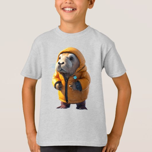 ダウンコートを着て魚を食べるかわいいセイウチ Tシャツ (正面)