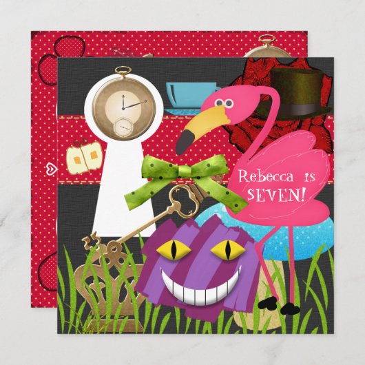 ダウンザウサギホールワンダーランド誕生日招待状 招待状 (正面/裏面)