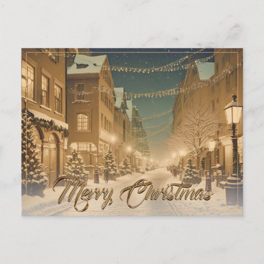 ダウンタウンのクリスマスの街並みを雪が覆う シーズンポストカード (正面)