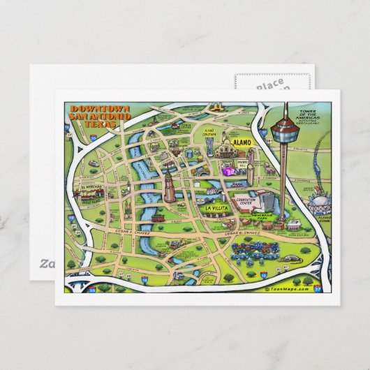 ダウンタウンサンアントニオカートゥーンマップ ポストカード (正面/裏面)