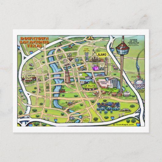 ダウンタウンサンアントニオカートゥーンマップ ポストカード (正面)