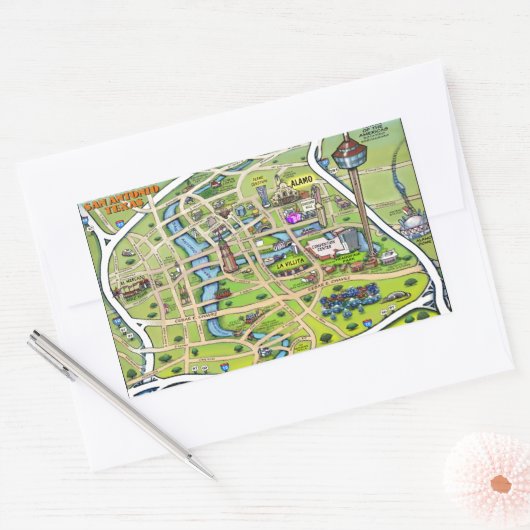 ダウンタウンサンアントニオカートゥーンマップ 長方形シール (封筒)