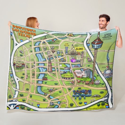 ダウンタウンサンアントニオテキサス州おもしろいマップ フリースブランケット (インサイチュ)