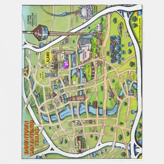 ダウンタウンサンアントニオテキサス州おもしろいマップ フリースブランケット (正面)