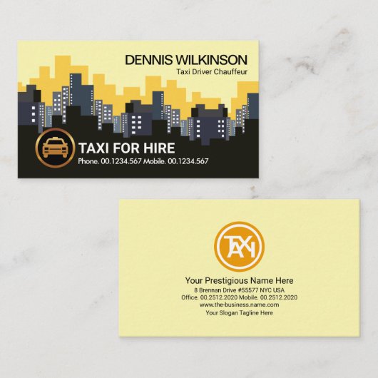 ダウンタウンシティスカイラインイエロータクシーキャブドライバー 名刺 (正面/裏面)