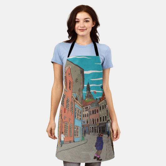 ダウンタウンリガラトビアシティスケープイラストレーション エプロン (着用した状態)