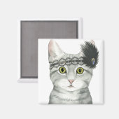 ダウントン猫 |レースで宝石で飾られた マグネット (正面/裏面)