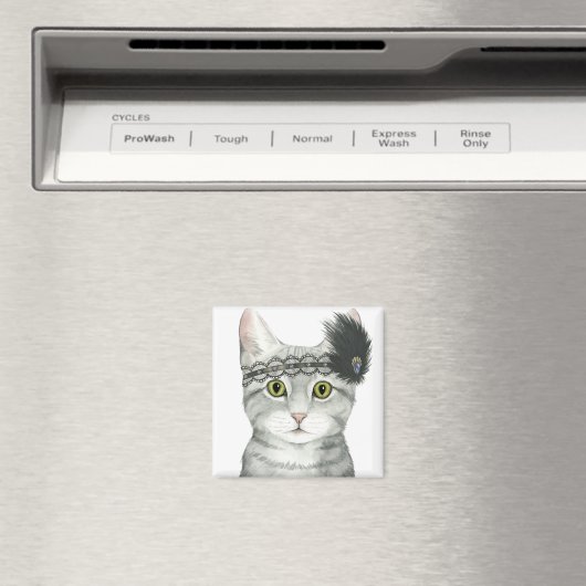 ダウントン猫 |レースで宝石で飾られた マグネット (インサイチュ (食洗機))