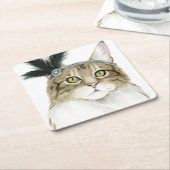 ダウントン猫 |羽飾り スクエアペーパーコースター (アングル)