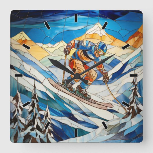 ダウンヒルスキーヤーウォールクロック スクエア壁時計 (正面)