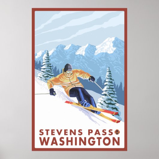 ダウンヒルスノースキーヤー – Stevens Pass，ワシントン ポスター (正面)