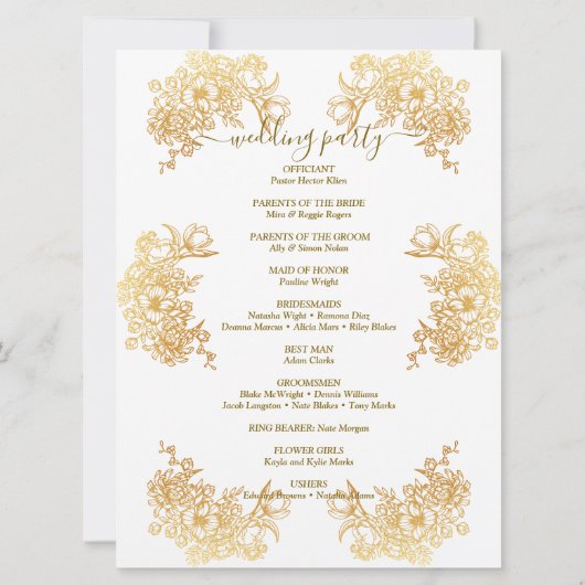 ダウンロード可能なゴールドンチックブーケ結婚式プログラム 招待状 (裏面)