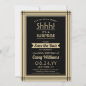 ダウンロード可能なサプライズバースデーパーティブラック&金ゴールド セーブザデート (正面)