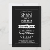 ダウンロード可能なサプライズバースデーパーティーブラック&ホワイト セーブザデート (正面)