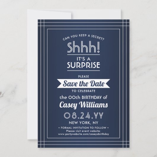ダウンロード可能なサプライズ誕生日ネイビーブルーとホワイト セーブザデート (正面)