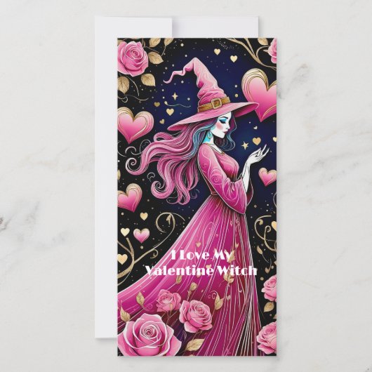 ダウンロード可能なピンクラインアートウィッチバレンタイン シーズンカード (正面)