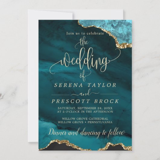 ダウンロード可能なブルーエメラルド金ゴールド結婚式招待状 招待状 (正面)