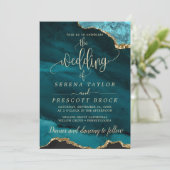 ダウンロード可能なブルーエメラルド金ゴールド結婚式招待状 招待状 (スタンド正面)