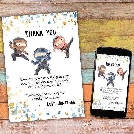ダウンロード可能な忍者子供の誕生日感謝していパーティーカード サンキューカード