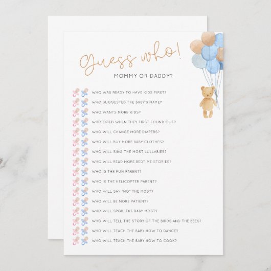 ダウンロード可能な赤ちゃんシャワーゲームカードを推測 招待状 (正面/裏面)