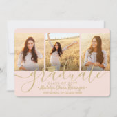 ダウンロード可能4フォト卒業赤面ピンク&金ゴールド 案内状 (正面)