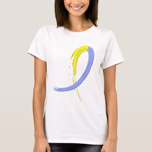ダウン症の青および黄色のリボンA4 Tシャツ (正面)