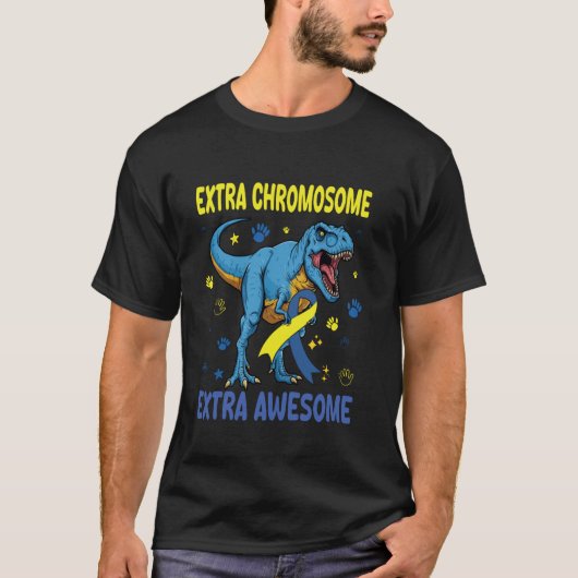 ダウン症候群啓発Tレックス恐竜余分な染色体 Tシャツ (正面)