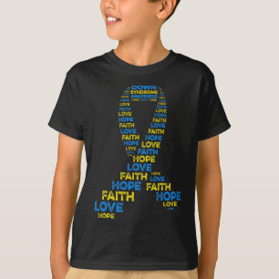 ダウン症候群認識度ホープ信仰愛ティール(緑がかった色)リブ Tシャツ