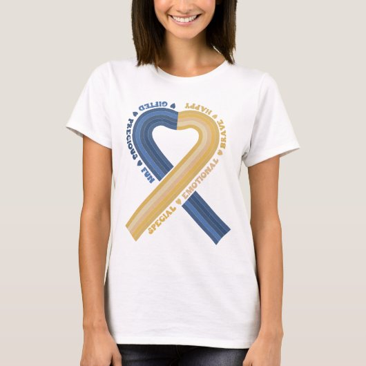 ダウン症候群認識度リボン親切なサポート Tシャツ (正面)