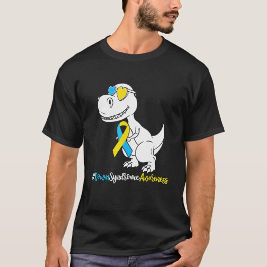 ダウン症候群Tレックス恐竜、男の子トリソミーT Tシャツ (正面)