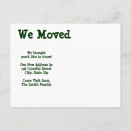 ダウン走ハウス私たちはアドレスのカードの変更を移動 案内ポストカード (裏面)