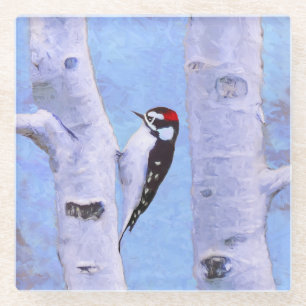 ダウンWoodpecker's 絵画 - Bird Artオリジナル ガラスコースター