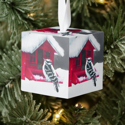 ダウンWoodpecker's 絵画 - Bird Artオリジナル キューブオーナメント (ツリー)