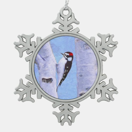 ダウンWoodpecker's 絵画 - Bird Artオリジナル スノーフレークピューターオーナメント (正面)