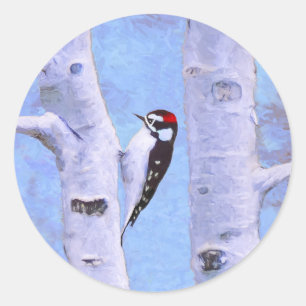 ダウンWoodpecker's 絵画 - Bird Artオリジナル ラウンドシール