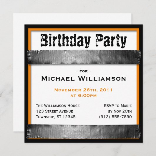 ダクトテープスクエアメンズオレンジ誕生日招待状 招待状 (正面/裏面)